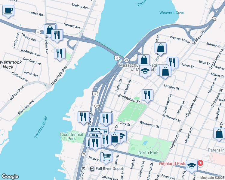 map of restaurants, bars, coffee shops, grocery stores, and more near 23 Norfolk Street in Fall River