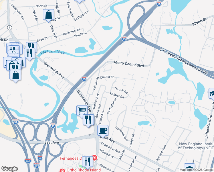 map of restaurants, bars, coffee shops, grocery stores, and more near 35 Larkspur Road in Warwick