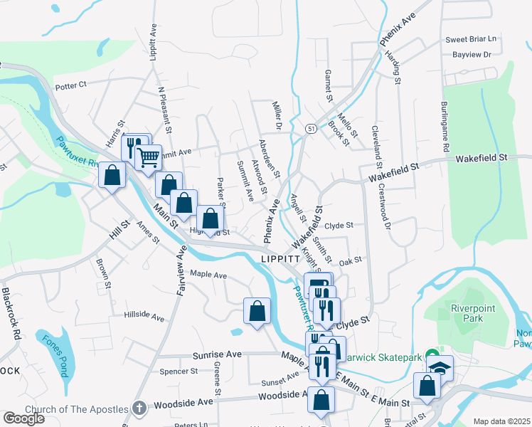 map of restaurants, bars, coffee shops, grocery stores, and more near 42 Phenix Avenue in West Warwick