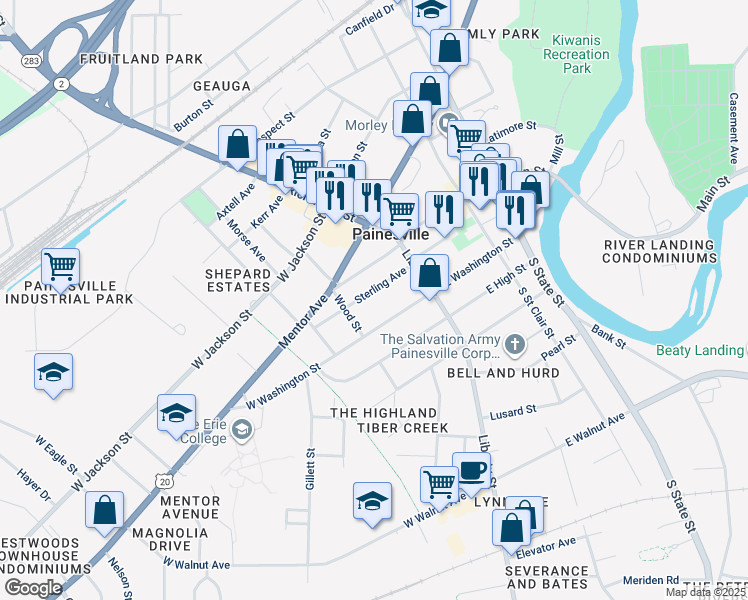 map of restaurants, bars, coffee shops, grocery stores, and more near 75 Sterling Avenue in Painesville