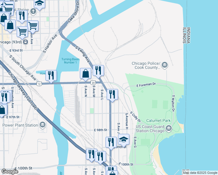 map of restaurants, bars, coffee shops, grocery stores, and more near 9525 South Ewing Avenue in Chicago
