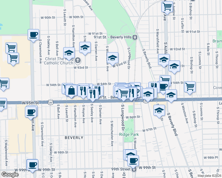 map of restaurants, bars, coffee shops, grocery stores, and more near 9417 South Winchester Avenue in Chicago
