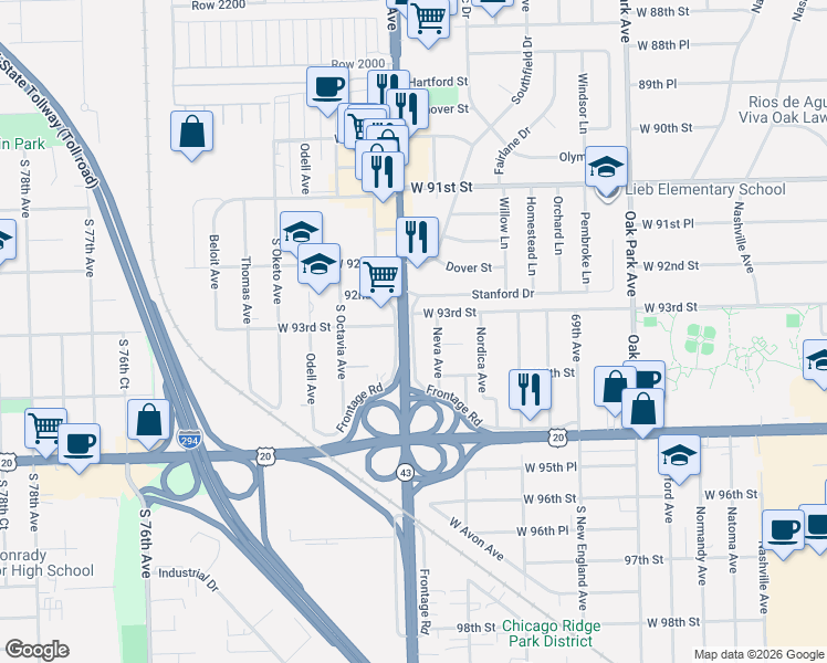 map of restaurants, bars, coffee shops, grocery stores, and more near 9301 Frontage Road in Oak Lawn