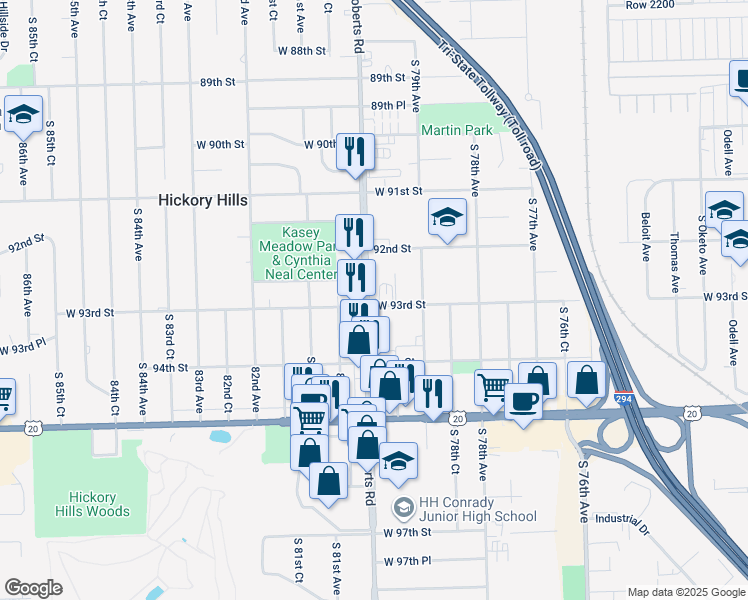 map of restaurants, bars, coffee shops, grocery stores, and more near 9243 South Roberts Road in Hickory Hills