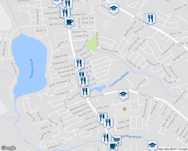 map of restaurants, bars, coffee shops, grocery stores, and more near 70 Fern Street in Warwick
