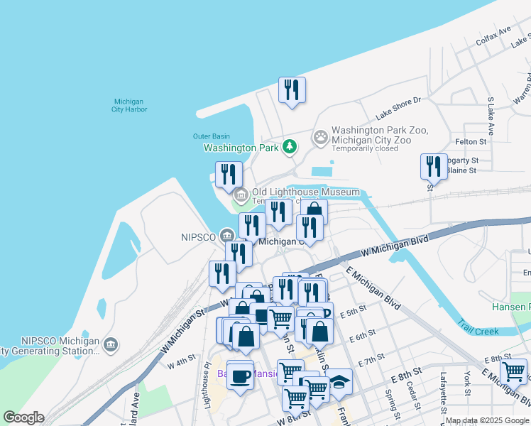 map of restaurants, bars, coffee shops, grocery stores, and more near 2 Marine Drive in Michigan City
