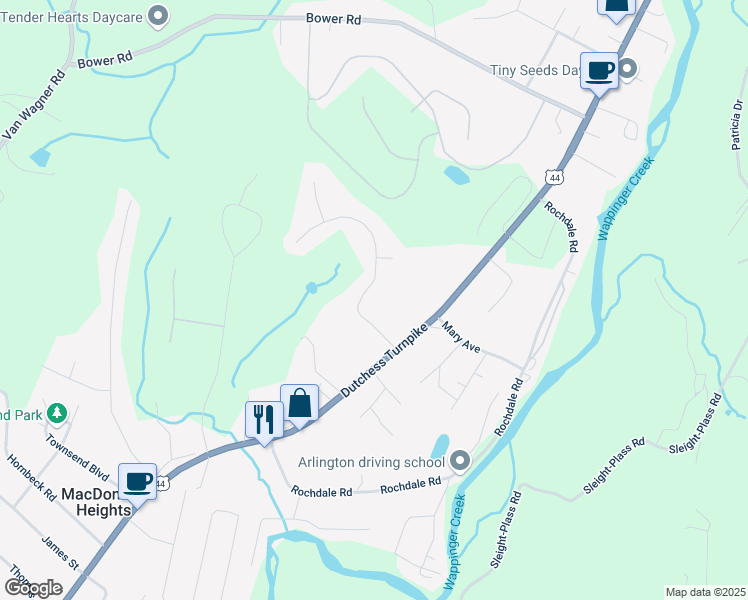 map of restaurants, bars, coffee shops, grocery stores, and more near 8 Hart Drive in Poughkeepsie
