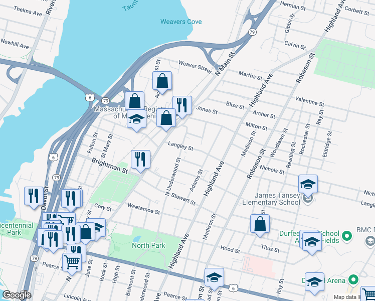 map of restaurants, bars, coffee shops, grocery stores, and more near 109 Langley Street in Fall River