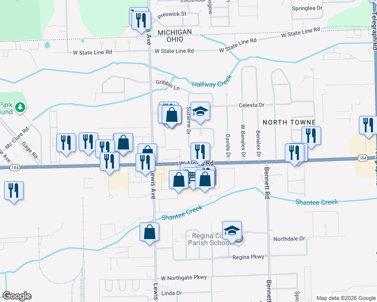 map of restaurants, bars, coffee shops, grocery stores, and more near 823 Woodlawn Drive in Toledo