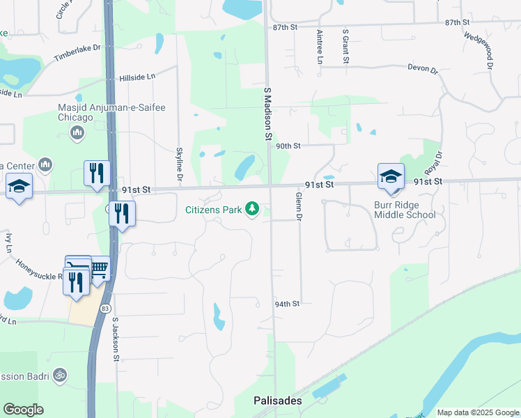 map of restaurants, bars, coffee shops, grocery stores, and more near 10S474 South Madison Street in Burr Ridge