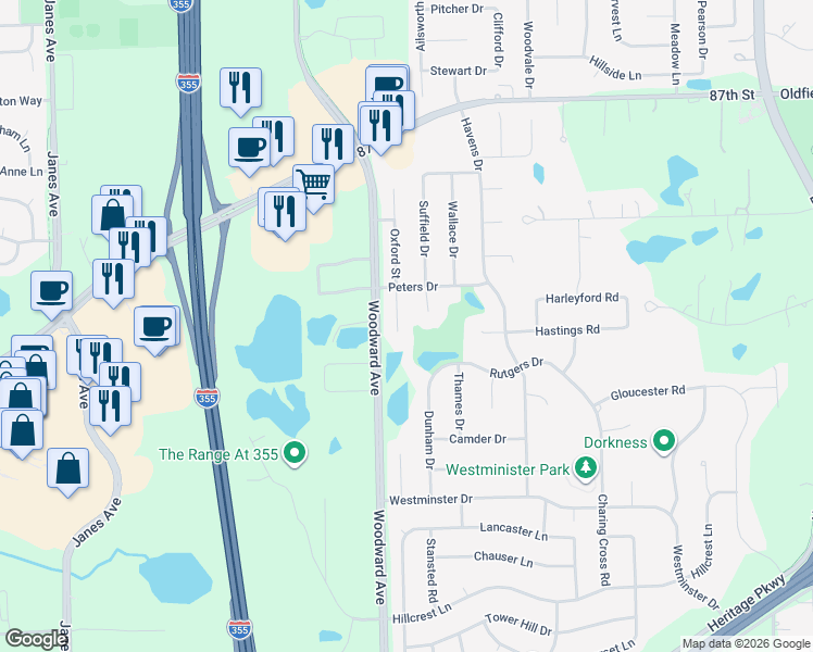 map of restaurants, bars, coffee shops, grocery stores, and more near 9037 Oxford Street in Woodridge