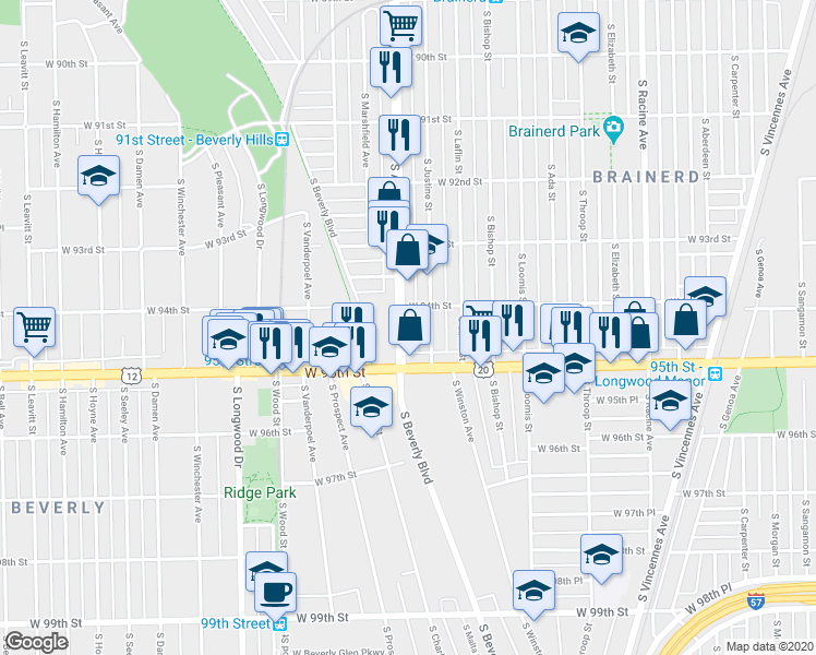 map of restaurants, bars, coffee shops, grocery stores, and more near 9419 South Ashland Avenue in Chicago