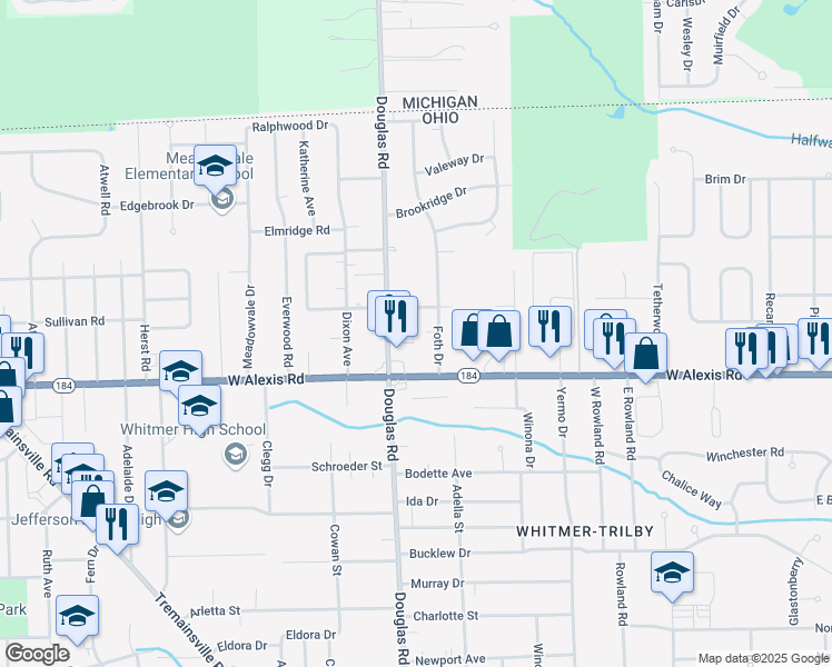 map of restaurants, bars, coffee shops, grocery stores, and more near 2420 Revillo Ct in Toledo