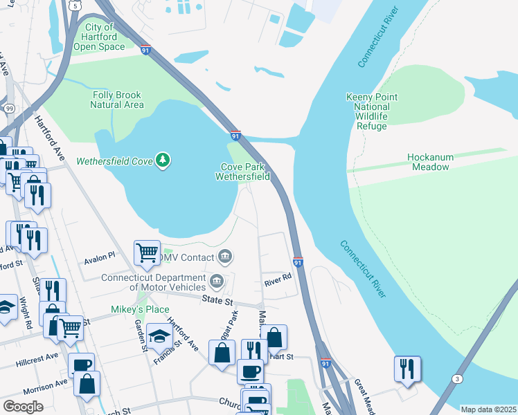 map of restaurants, bars, coffee shops, grocery stores, and more near 520 Main Street in Wethersfield