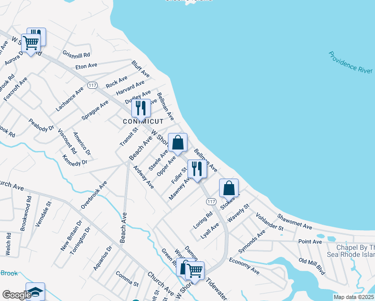 map of restaurants, bars, coffee shops, grocery stores, and more near 15 Francis Street in Warwick