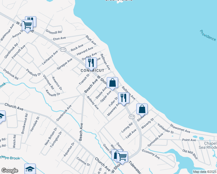 map of restaurants, bars, coffee shops, grocery stores, and more near 835 Rhode Island 117 in Warwick