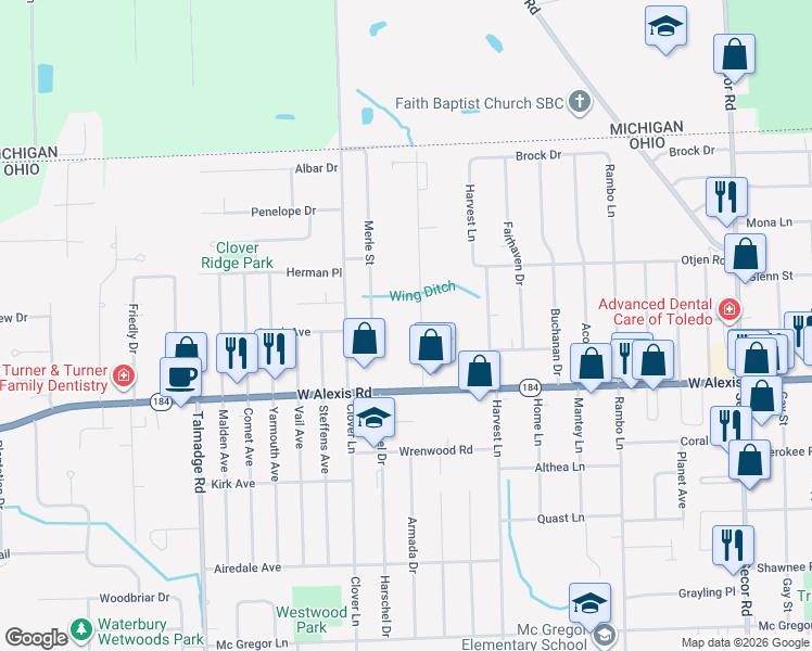 map of restaurants, bars, coffee shops, grocery stores, and more near 5901 Meteor Avenue in Toledo