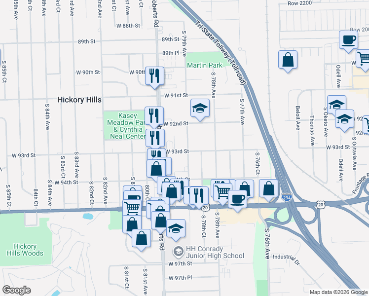 map of restaurants, bars, coffee shops, grocery stores, and more near 7900 W 93rd St in Oak Lawn