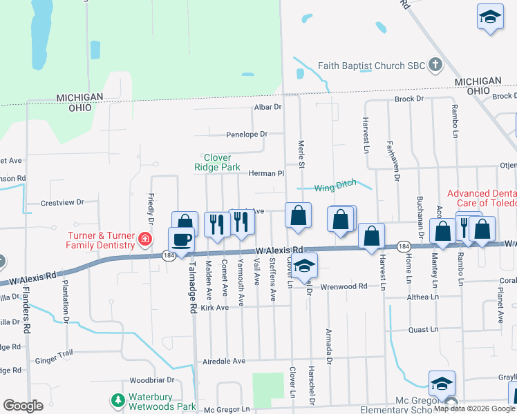 map of restaurants, bars, coffee shops, grocery stores, and more near 4048 Stock Avenue in Toledo