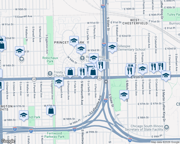 map of restaurants, bars, coffee shops, grocery stores, and more near 9437 South La Salle Street in Chicago