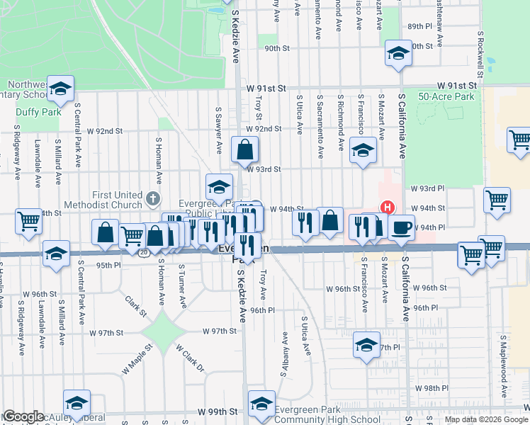 map of restaurants, bars, coffee shops, grocery stores, and more near 9401 South Troy Avenue in Evergreen Park