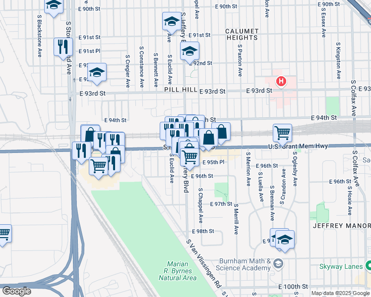 map of restaurants, bars, coffee shops, grocery stores, and more near 9500 South Jeffery Avenue in Chicago