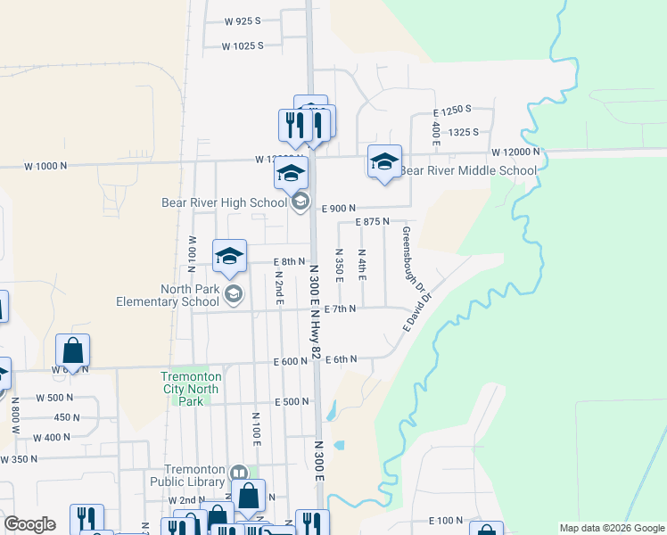 map of restaurants, bars, coffee shops, grocery stores, and more near 795 North 350 East in Tremonton