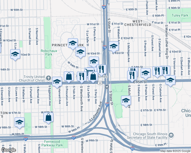 map of restaurants, bars, coffee shops, grocery stores, and more near South Perry Avenue in Chicago