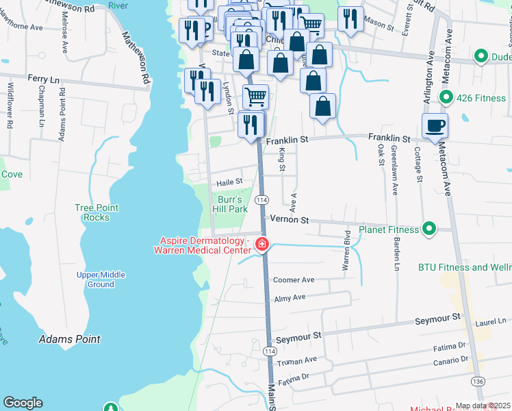 map of restaurants, bars, coffee shops, grocery stores, and more near 785 Main Street in Warren
