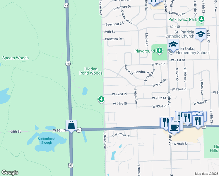 map of restaurants, bars, coffee shops, grocery stores, and more near 9133 Kopping Lane in Oak Lawn