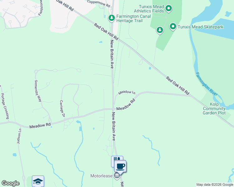 map of restaurants, bars, coffee shops, grocery stores, and more near 40 Meadow Lane in Farmington