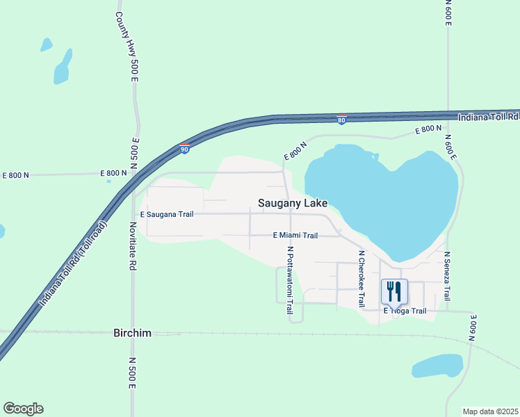 map of restaurants, bars, coffee shops, grocery stores, and more near 5383 East Saugana Trail in Rolling Prairie