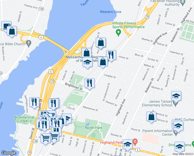 map of restaurants, bars, coffee shops, grocery stores, and more near 1660 North Main Street in Fall River