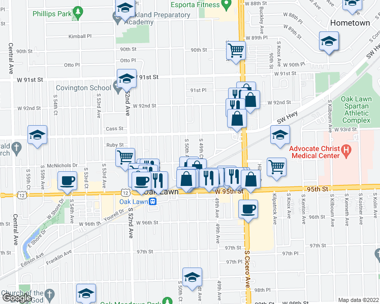 map of restaurants, bars, coffee shops, grocery stores, and more near 9327 South 50th Avenue in Oak Lawn