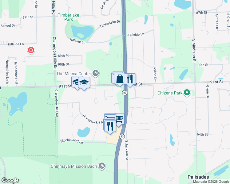 map of restaurants, bars, coffee shops, grocery stores, and more near 10S456 Kingery Highway in Willowbrook
