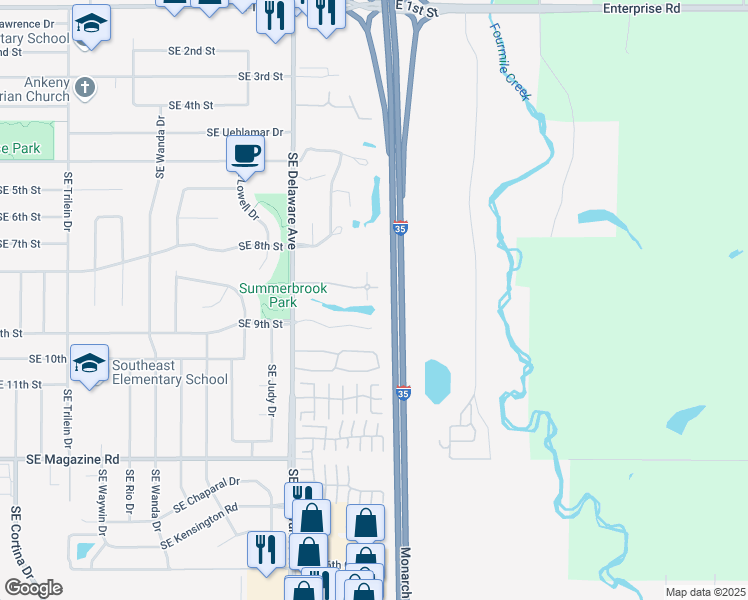 map of restaurants, bars, coffee shops, grocery stores, and more near 1283 SE Village View Ln in Ankeny