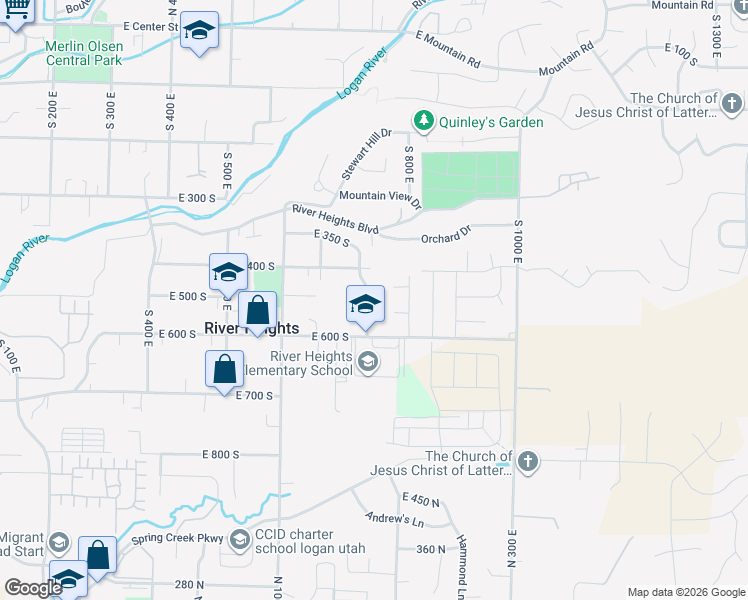 map of restaurants, bars, coffee shops, grocery stores, and more near 498 750 East in River Heights