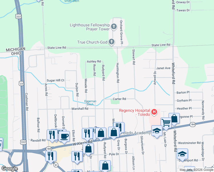 map of restaurants, bars, coffee shops, grocery stores, and more near 5928 Rudyard Road in Sylvania