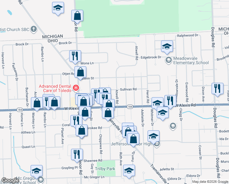 map of restaurants, bars, coffee shops, grocery stores, and more near 5853 Atwell Road in Toledo