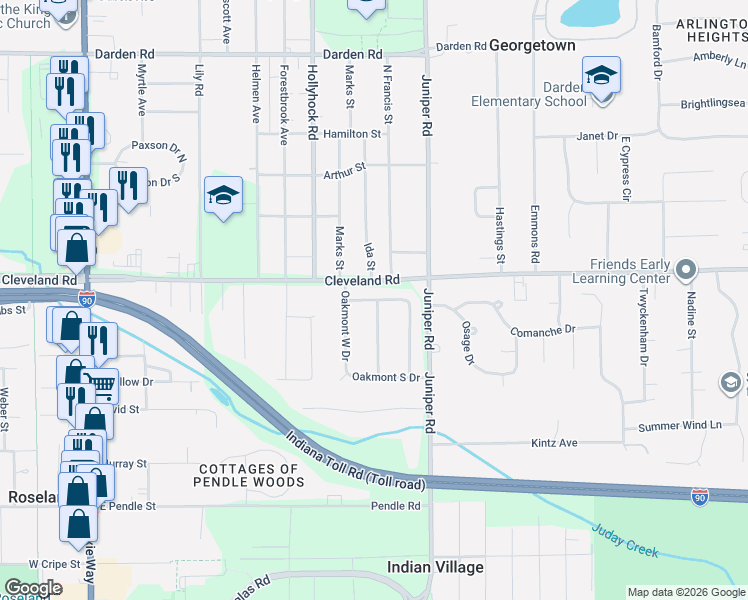 map of restaurants, bars, coffee shops, grocery stores, and more near 19119 Oakmont North Drive in South Bend