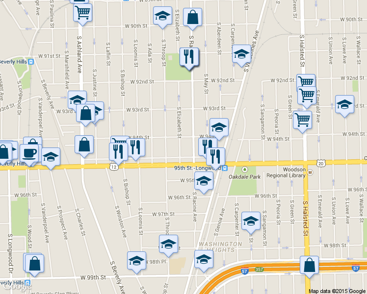 map of restaurants, bars, coffee shops, grocery stores, and more near 9419 South Elizabeth Street in Chicago