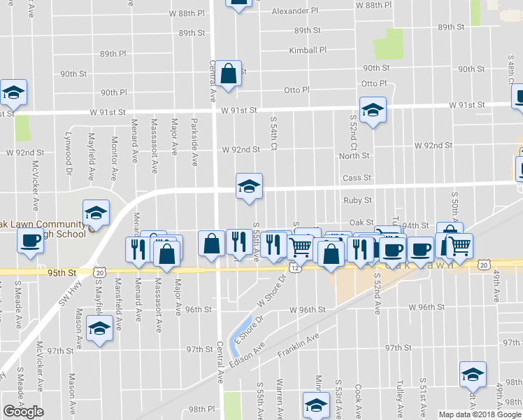map of restaurants, bars, coffee shops, grocery stores, and more near 9325 South 55th Avenue in Oak Lawn