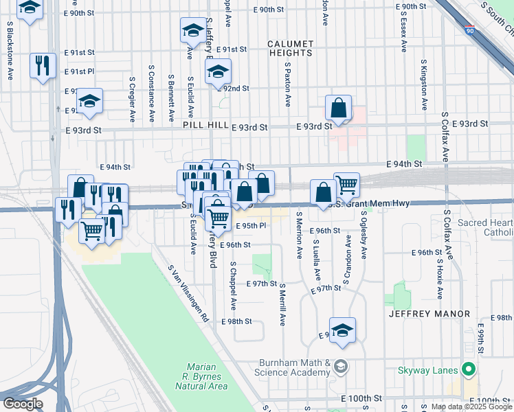 map of restaurants, bars, coffee shops, grocery stores, and more near 2059 E 95th St in Chicago