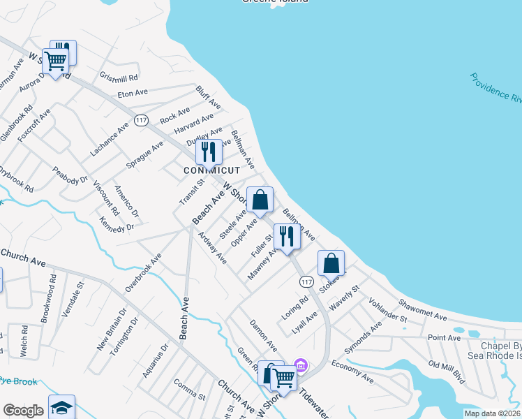 map of restaurants, bars, coffee shops, grocery stores, and more near 848 West Shore Road in Warwick