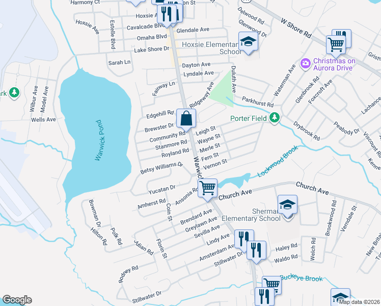 map of restaurants, bars, coffee shops, grocery stores, and more near 1979 Warwick Avenue in Warwick