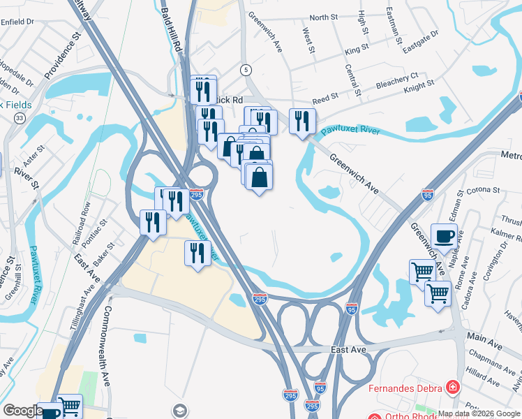 map of restaurants, bars, coffee shops, grocery stores, and more near 400 Bald Hill Road in Warwick