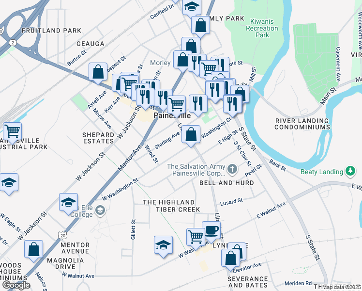 map of restaurants, bars, coffee shops, grocery stores, and more near 32 West Washington Street in Painesville