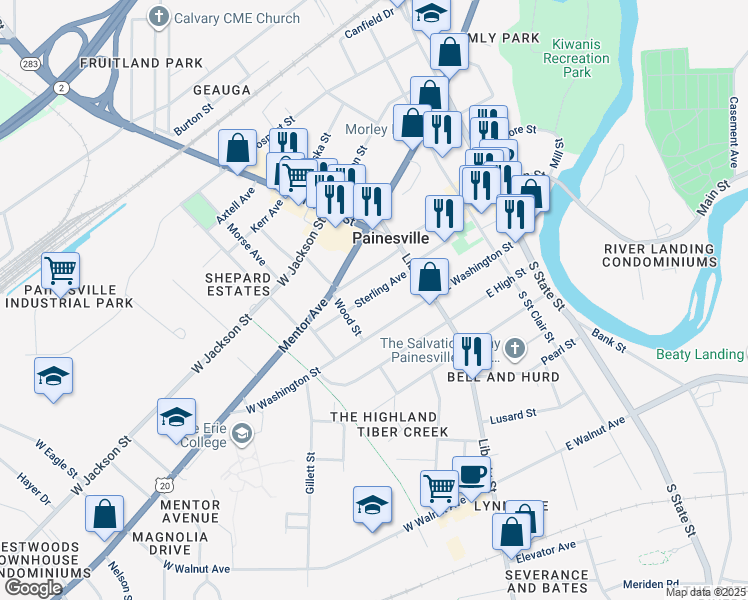 map of restaurants, bars, coffee shops, grocery stores, and more near 75 Sterling Avenue in Painesville