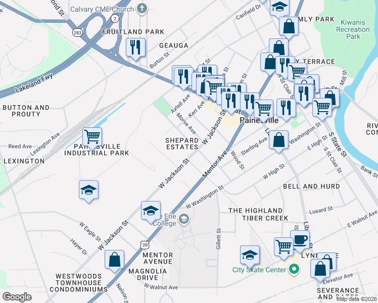 map of restaurants, bars, coffee shops, grocery stores, and more near 200 West Jackson Street in Painesville