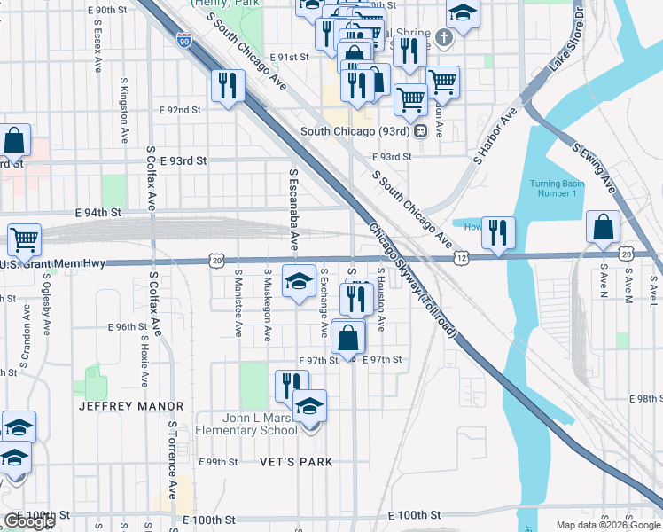 map of restaurants, bars, coffee shops, grocery stores, and more near 9501 South Exchange Avenue in Chicago